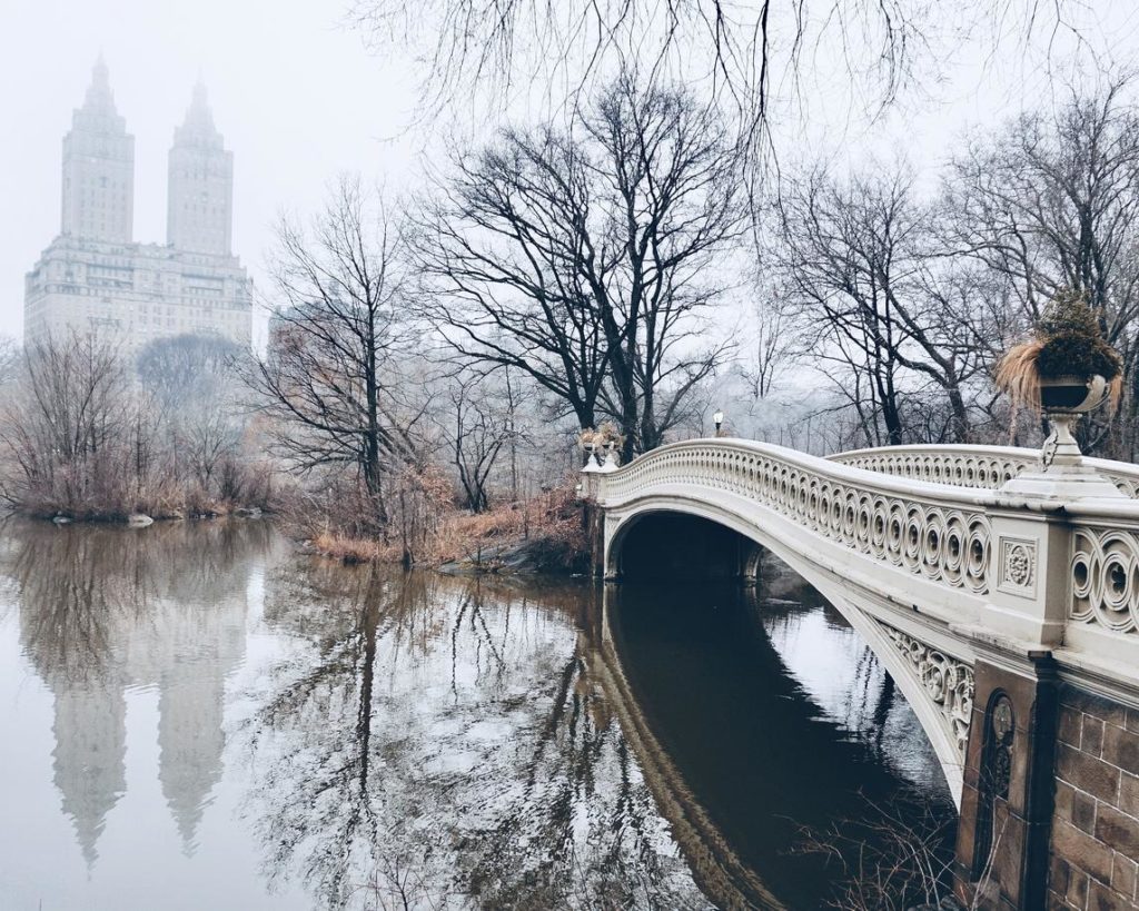 Winter view of bridge and water in Central Park
